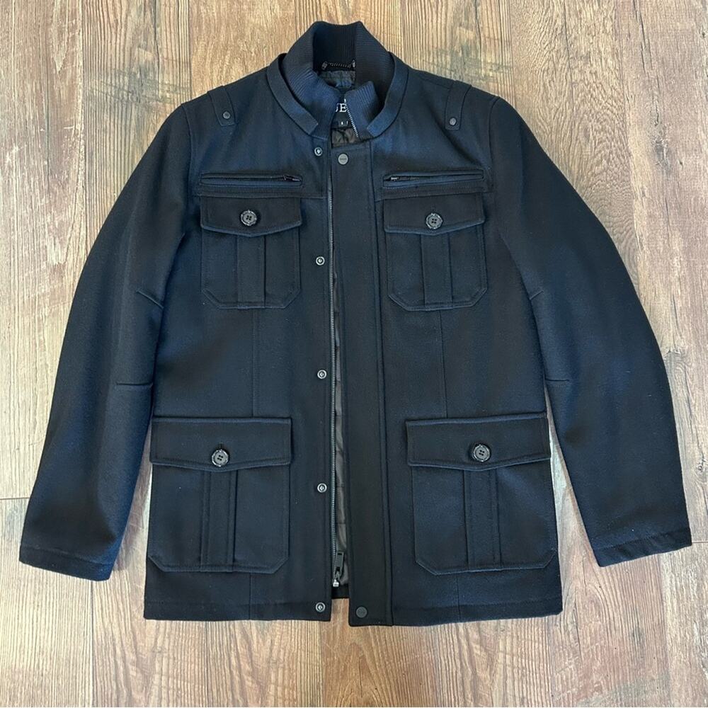 Guess Wool Blend Full Zip Military Style Coat Black Small No Hood